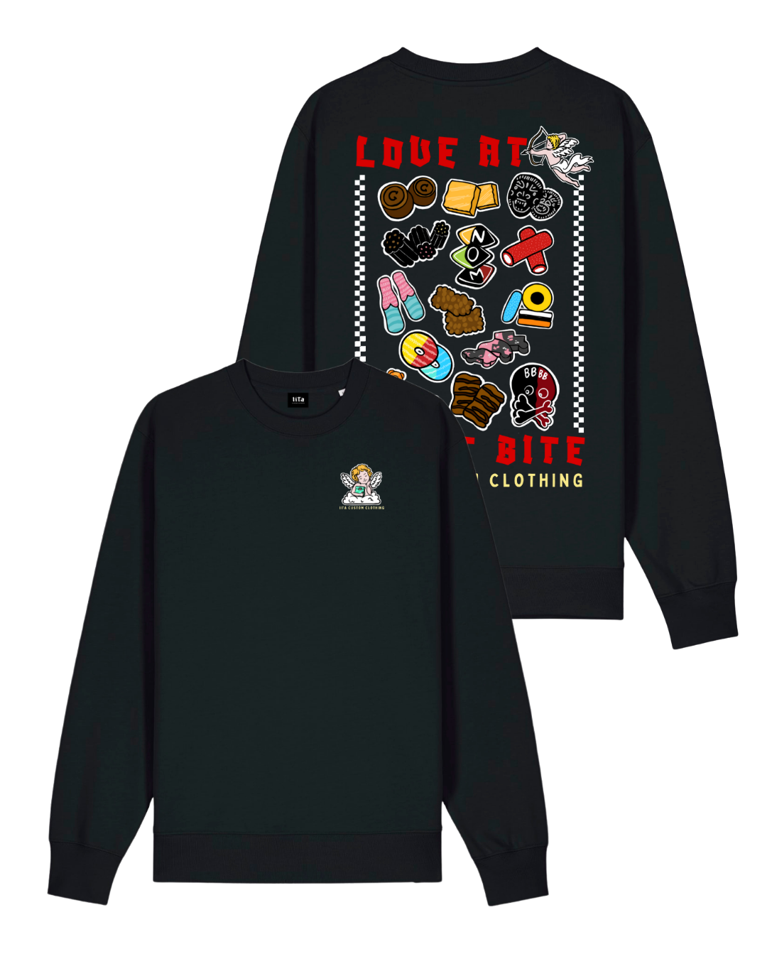 ENNAKKOTILAUS Love At First Bite - unisex collegepaita musta