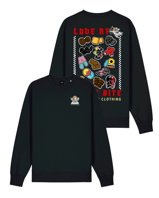 ENNAKKOTILAUS Love At First Bite - unisex collegepaita musta